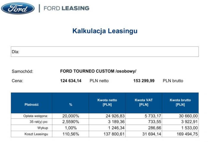 Kalkulacja Ford Leasing ze stycznia 2017
