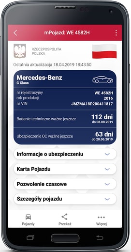 Widok danych z mPojazd w aplikacji mObywatel na smartfonie