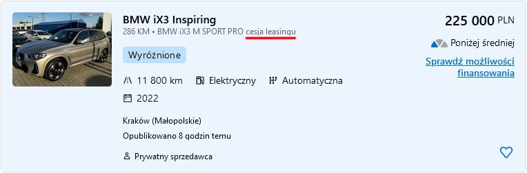 Zrzut ekranu pokazujący ogłoszenie cesji leasingu samochodu w serwisie ogłoszeniowym otomoto