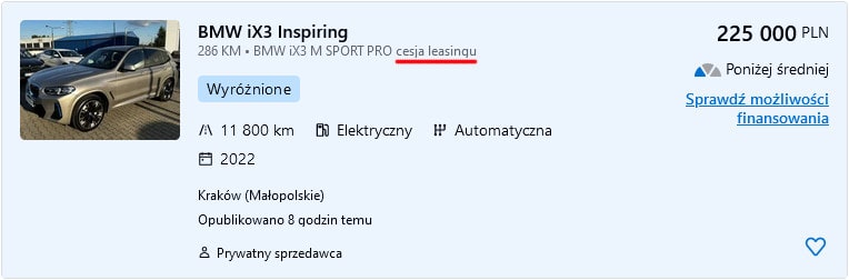 Zrzut ekranu pokazujący ogłoszenie cesji leasingu samochodu w serwisie ogłoszeniowym otomoto