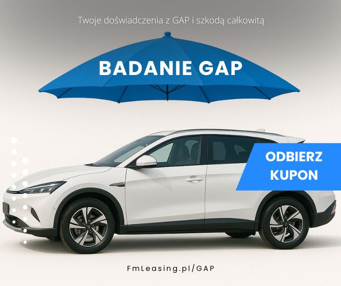 Biały SUV osłonięty niebieskim parasolem z napisem „Badanie GAP”, nad autem hasło „Twoje doświadczenia z GAP i szkodą całkowitą”, po prawej przycisk „Odbierz kupon”.