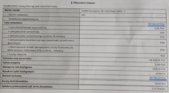 Screen warunków umowy 3-letniego leasingu Volkswagen Finanacial Services dotyczącego samochodu Cupra Formentor