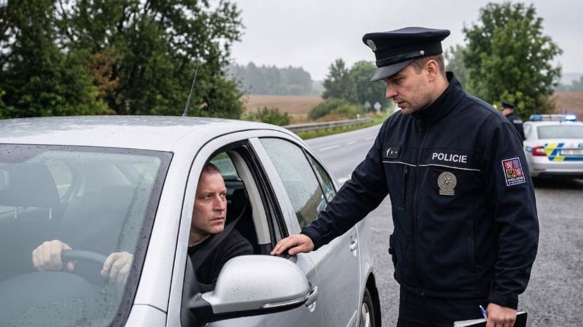 Czeska kontrola drogowa – policjant w mundurze z napisem „POLICIE" przy oknie zatrzymanego samochodu.