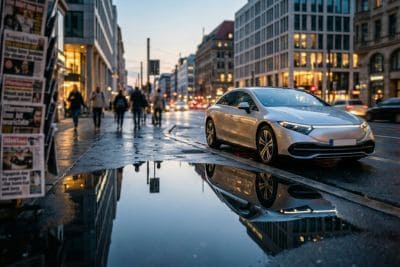 Srebrny samochód elektryczny zaparkowany na mokrej miejskiej ulicy o zmierzchu, w tle kioski z gazetami