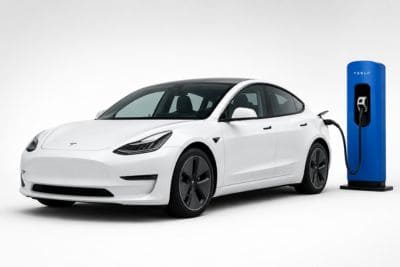Biała Tesla Model 3 podłączona do niebieskiej stacji ładowania na białym tle studyjnym.