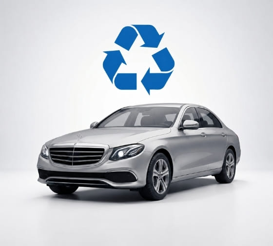 Srebrny samochód z symbolem recyklingu, symbolizujący leasing zwrotny.