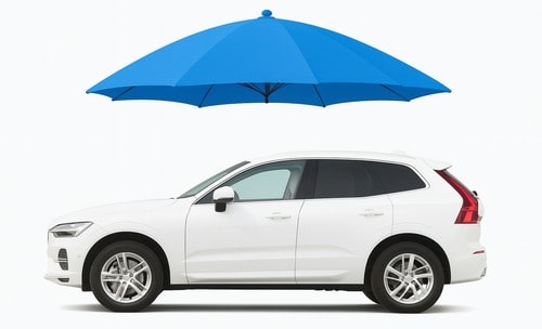 Białe Volvo XC60 widziane z profilu, stojące pod dużym niebieskim parasolem ochronnym