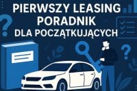 Ilustracja w stylu flat design przedstawiająca poradnik o pierwszym leasingu – mężczyzna z kluczem obok samochodu, książka, ikony listy kontrolnej i wykresu, wszystko w odcieniach granatu i błękitu