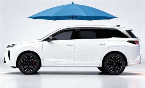 Peugeot z parasolem ochronnym symbolizującym ubezpieczenie GAP