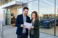 Para analizująca dokumenty przed salonem samochodowym – GAP u dealera