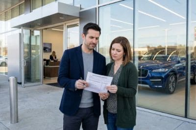 Para analizująca dokumenty przed salonem samochodowym – GAP u dealera