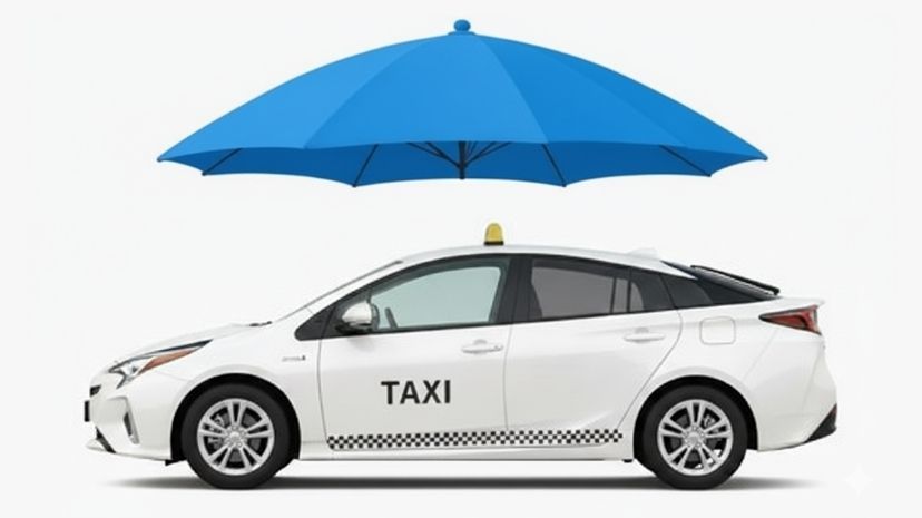 Biała taksówka, Toyota Prius pod niebieskim parasolem symbolizującym ochronę ubezpieczenia GAP
