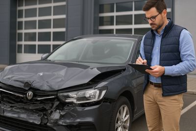 Pracownik firmy ubezpieczeniowej sporządza kosztorys przy mocno uszkodzonym samochodzie przed nowoczesnym warsztatem blacharskim