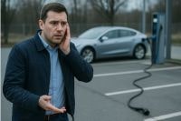Mężczyzna przy stacji ładowania z zaniepokojoną miną patrzy na puste miejsce po skradzionym samochodzie elektrycznym, obok leży odpięty przewód ładowarki.