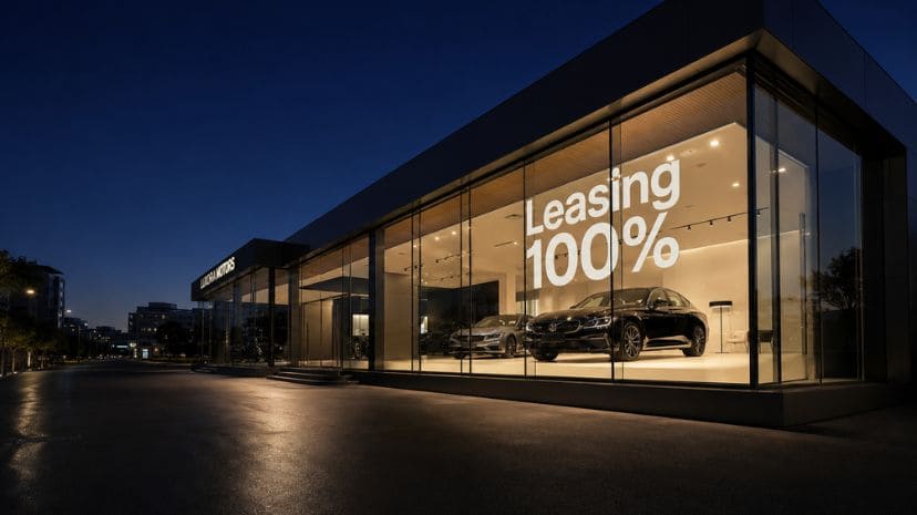 Nowoczesny salon samochodowy o zmierzchu z napisem „Leasing 100%” na przeszklonej fasadzie