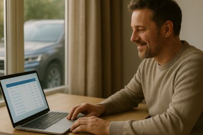 Zadowolony mężczyzna siedzi przy biurku i przegląda dane finansowe na laptopie; za oknem widać zaparkowany nowy samochód.