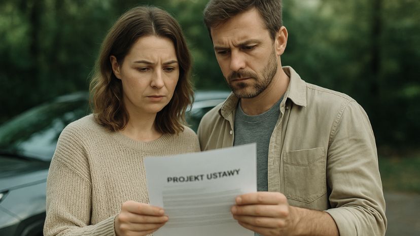 Para w średnim wieku stoi przed domem i czyta dokument oznaczony jako „Projekt ustawy”, obok zaparkowany samochód.