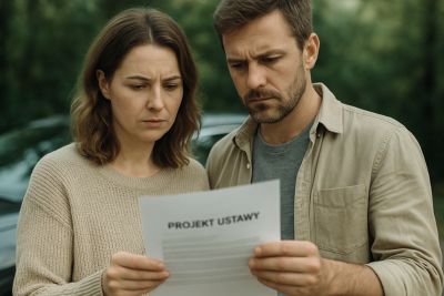 Para w średnim wieku stoi przed domem i czyta dokument oznaczony jako „Projekt ustawy”, obok zaparkowany samochód.