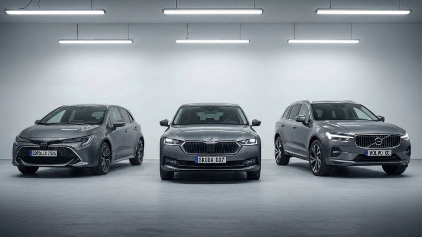 Zdjęcie trzech szarych samochodów (hatchback, sedan i SUV) zaparkowanych w minimalistycznym studiu z oświetleniem neonowym, przedstawiające modele Toyota Corolla, Skoda Octavia i Volvo XC.