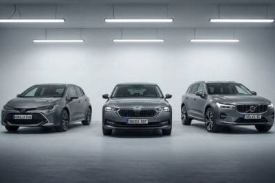 Zdjęcie trzech szarych samochodów (hatchback, sedan i SUV) zaparkowanych w minimalistycznym studiu z oświetleniem neonowym, przedstawiające modele Toyota Corolla, Skoda Octavia i Volvo XC.