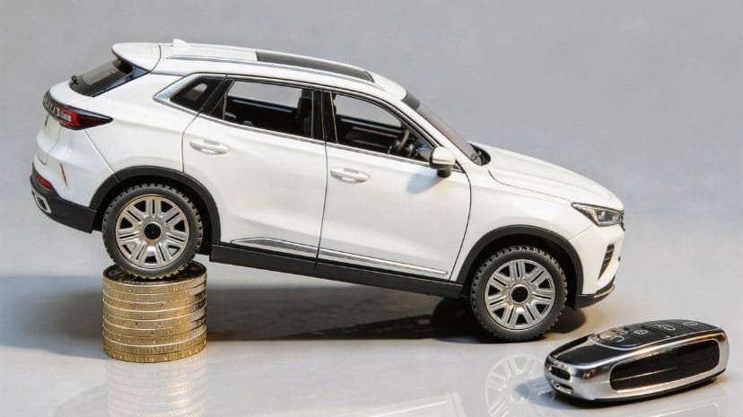 Model białego SUV-a balansujący na stosie monet, symbolizujący utratę wartości samochodów, obok kluczyka samochodowego