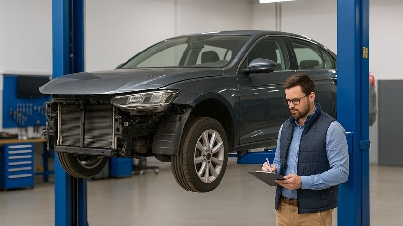 Samochód na podnośniku w nowoczesnym warsztacie, zdemontowane przednie części, obok stoi mężczyzna z notatnikiem.