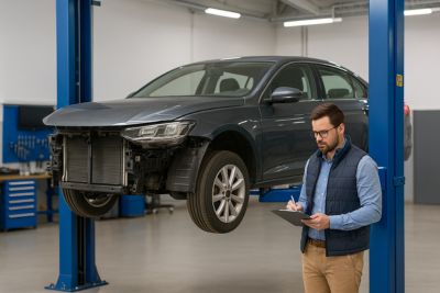Samochód na podnośniku w nowoczesnym warsztacie, zdemontowane przednie części, obok stoi mężczyzna z notatnikiem.