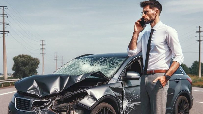 Mężczyzna wzywający pomoc przez telefon do wypadku, który odniósł na drodze