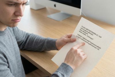 Mężczyzna czyta dokument z informacją o dodatkowych kosztach